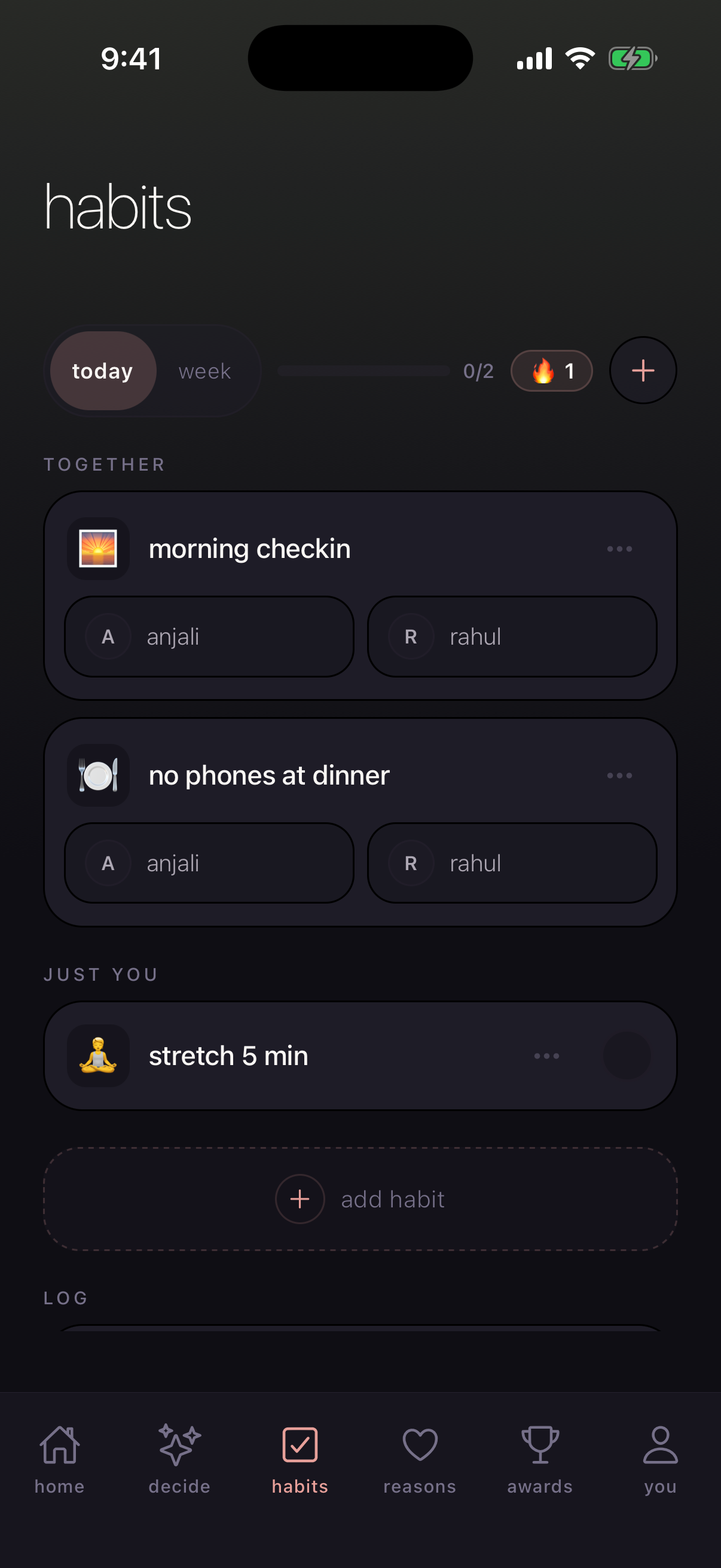 habits — shared and personal goals, six-week heatmap