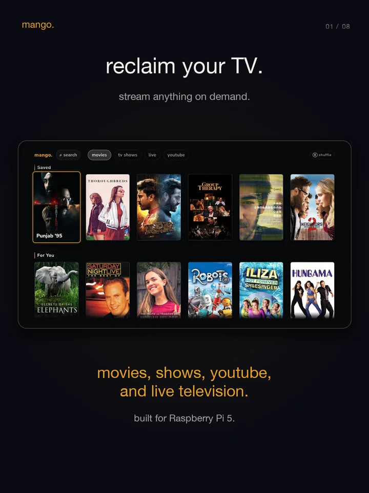reclaim your TV. stream anything on demand. movies, shows, youtube, and live television. built for raspberry pi 5.