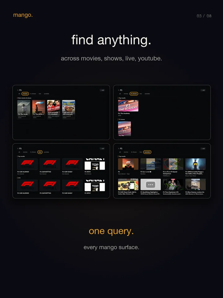 find anything. one query across movies, shows, live, and youtube.