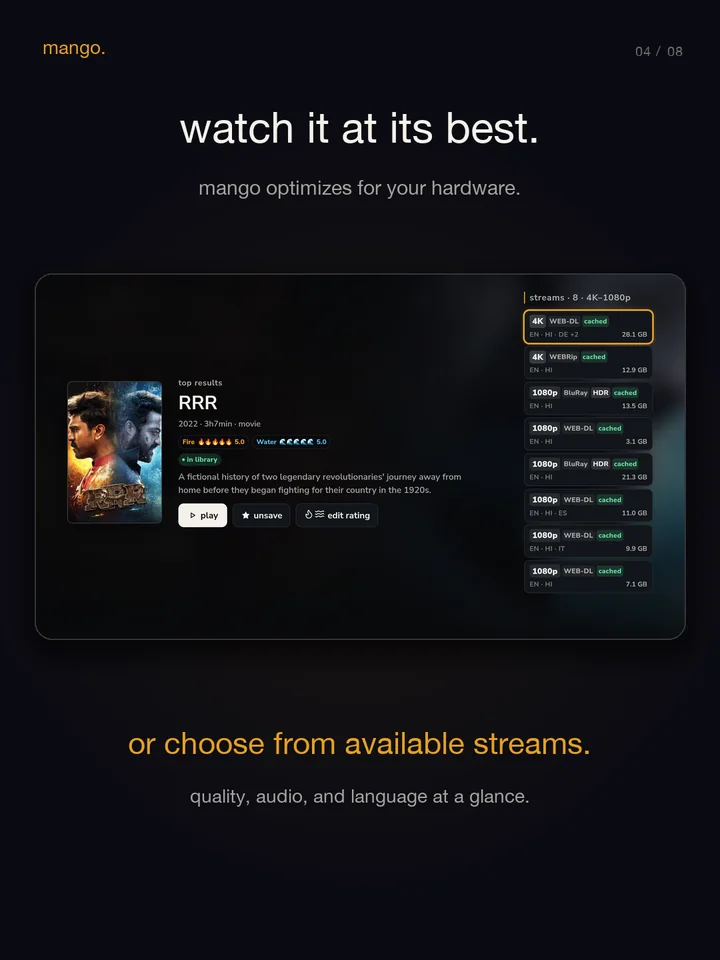 watch it at its best. choose quality, audio, and language at a glance.