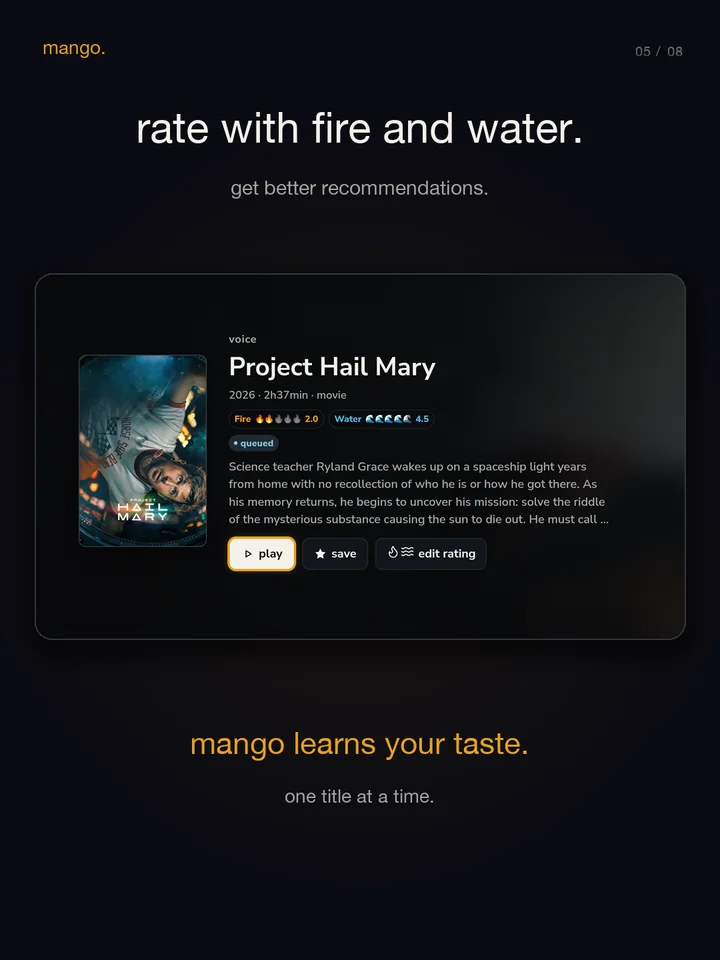 rate with fire and water. mango learns your taste, one title at a time.