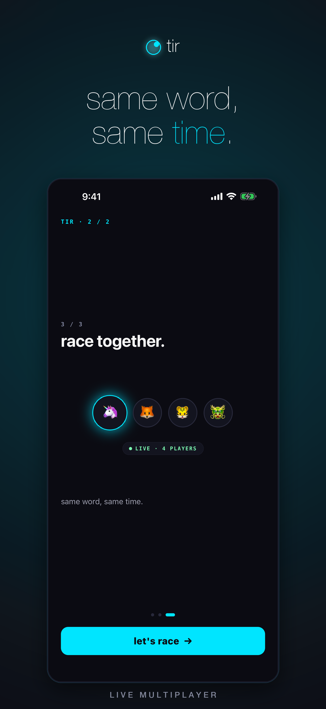 same word, same time — four player avatars racing live