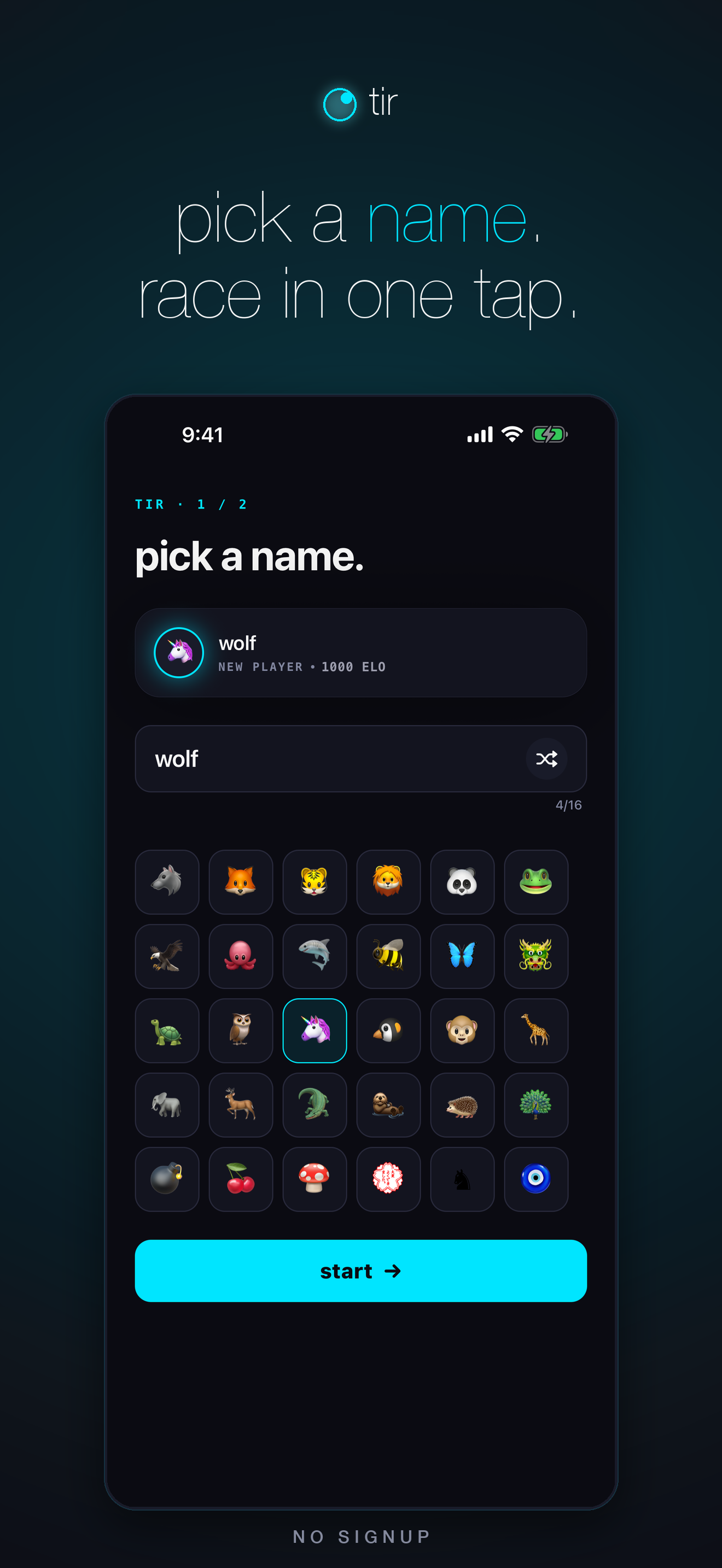 pick a name, race in one tap — name picker with 30 emoji avatars, no signup